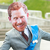 A man in a suit wearing a Prince Harry mask
