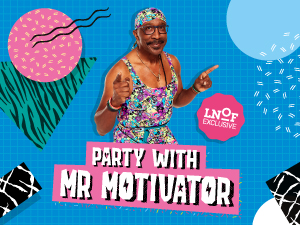 Mr Motivator pointing in the air with a banner saying Party With Mr Motivator