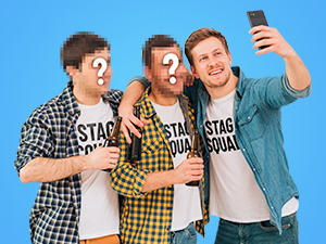 A Solo stag do featuring one man taking a selfie and the other two stag do participant blurred out to signify that the Solo stag do is an event booked with strangers 