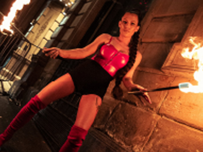 A fire dancer outside Soho Rooms Newcastle.