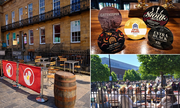 The interior of Bier Keller, Newcastle, with wooden benches and seats