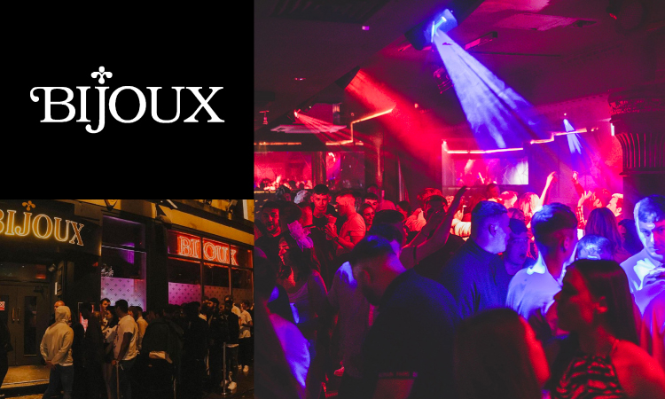 Three tiled images, including Bijoux's logo, people queuing outside and people dancing inside