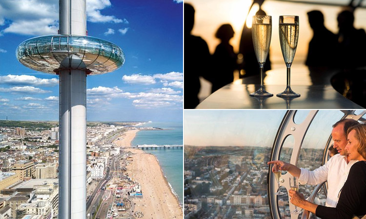 Three tiled images - including the i360 experience, two champagne glasses and a couple looking at the view