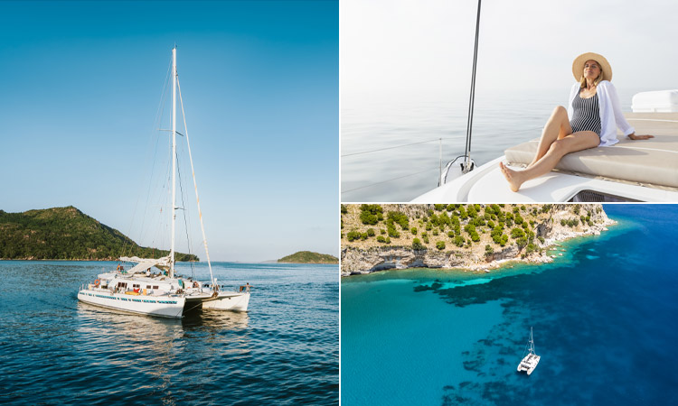 Three tiled images - including a women sunbathing on a boat, a catamaran and a top down shot of a boat in a tropical sea