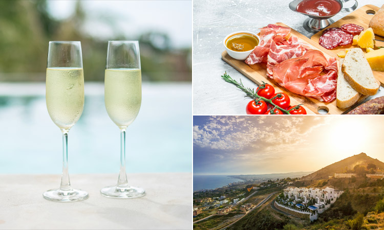 Three tiled images - including two champagne glasses, a charcuterie board and a view of a town in a valley