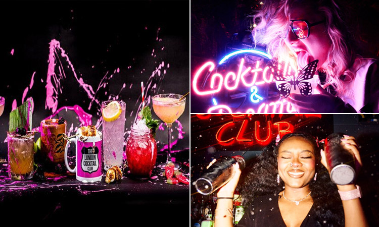Three tiled images - including a bar of cocktails, a bartender with shakers and someone drinking at Cocktail Club