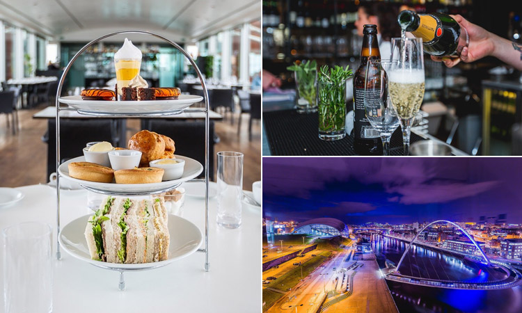 Three tiled images - including an afternoon tea stand, someone pouring champagne and the view from SIX