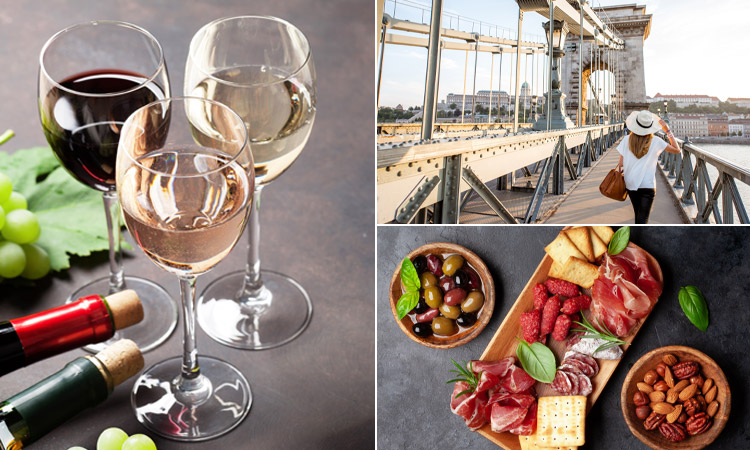 Three tiled images - including three wine glass, a board of nibbles and a view over a bridge
