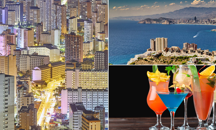 Three tiled image with the city scape of Benidorm, Benidorm's coastline and a group of cocktails
