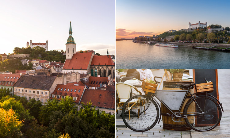Three tiled image with the city scape of Bratislava, Bratislava over a river and a bike leaning on a barrel
