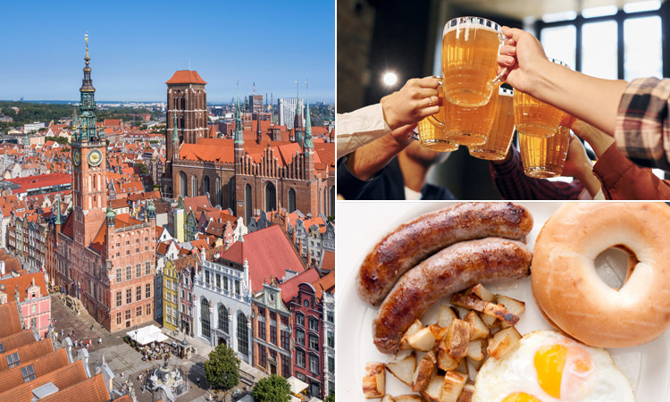 Three tiled image with the city scape of Gdansk, a Polish meal and a group of men with beer