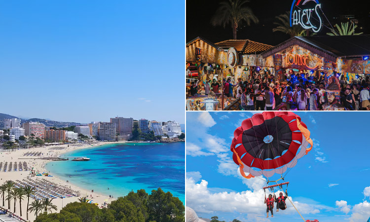 Three tiled image with Magaluf's coastline, a club at night and two people wind sailing