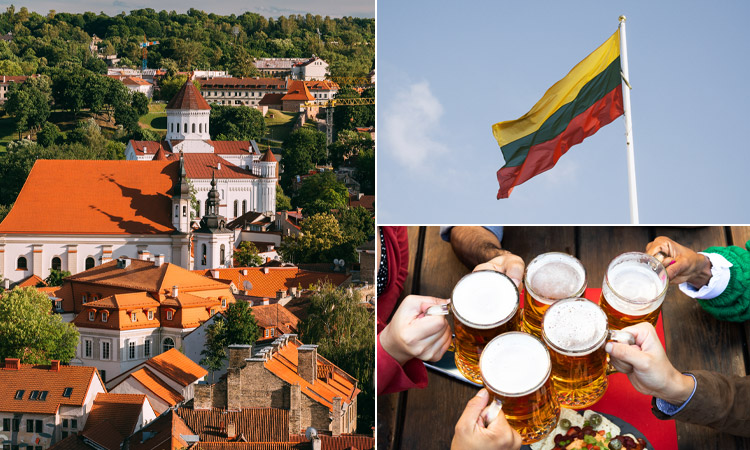 Three tiled image with the city scape of Vilnius, the flag of Lithuania and five men holding beer