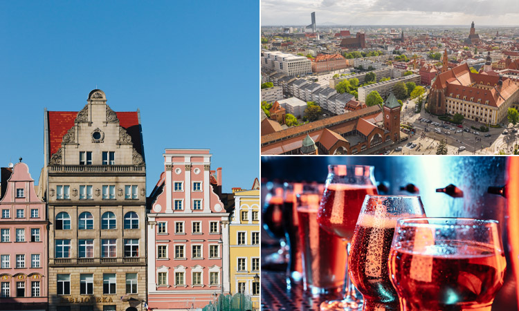Three tiled image with the city scape of Wroclaw, colourful houses and a row of drinks