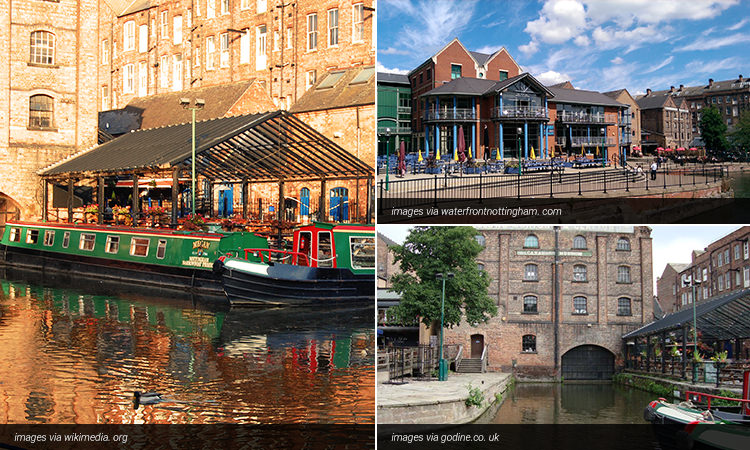 Three tiled images of bar exteriors in Nottingham, along the canal