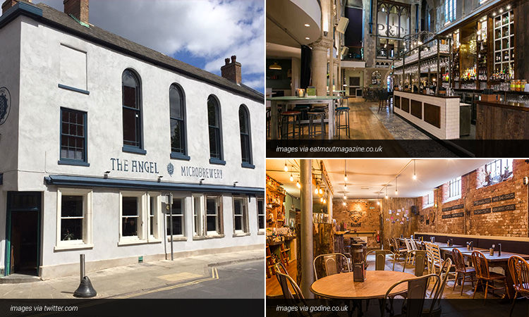 Three tiled images of bars in Nottingham; two of bar interiors and one of the exterior of the The Angel Microbrewery