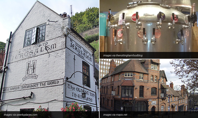 Three tiled images of bars in Nottingham; one of a brewery tank, one of the exterior of a red brick building and one of the exterior of Ye Olde Trip to Jerusalem