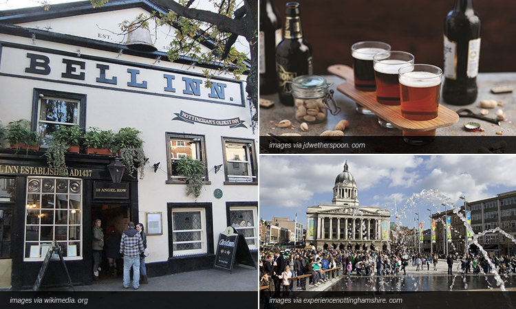 Three tiled images; The exterior of The Bell Inn, three glasses of beer surrounded by bottles and nuts, and the Old Market Square in Nottingham