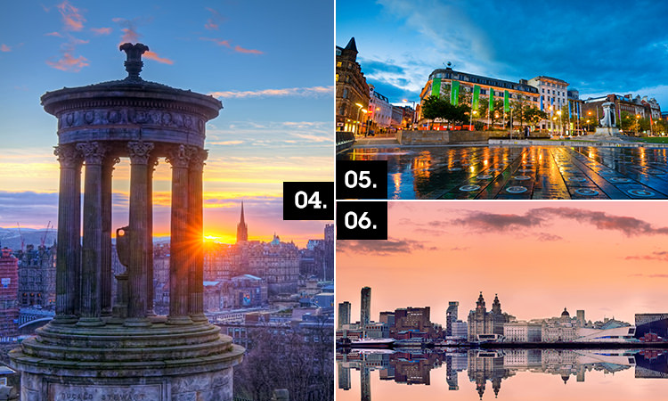 Three tiled images of Edinburgh, Manchester and Liverpool