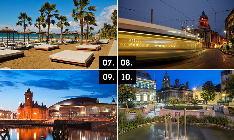 Three tiled images of Marbella, Nottingham, Cardiff and Leeds