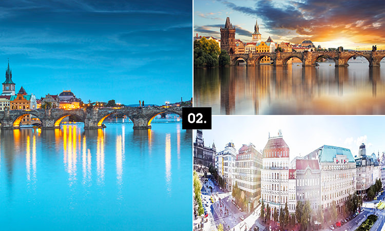 Three tiled images - including two of Prague's famous bridge and a large, grand building in Prague