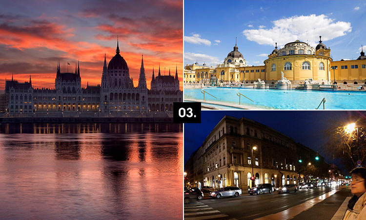 Three tiled images - including the famous Budapest baths and two famous buildings in the city