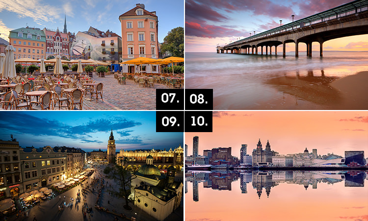 Four tiled images of Riga, Bournemouth, Krakow and Liverpool