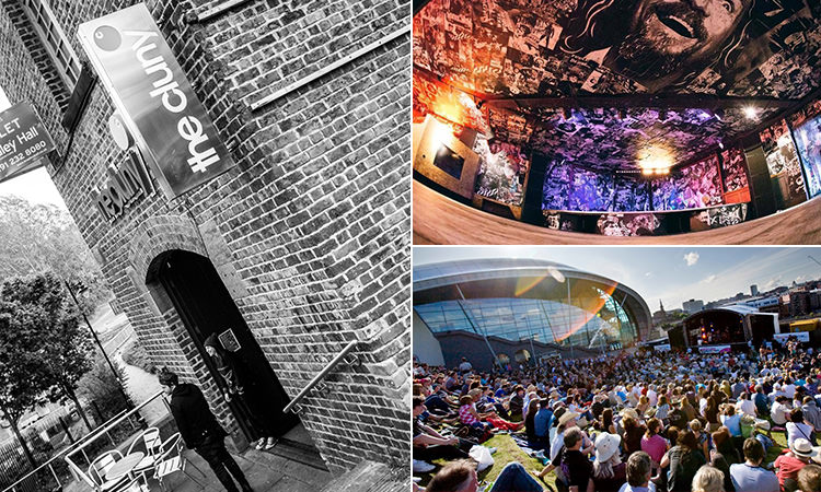 Three tiled images - one of the exterior of The Cluny, one of the interior of Think Tank? and one of people sat on a hill watching a band on stage at the Sage