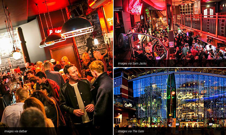 Three tiled images - two of people stood inside bars, and one of the exterior of The Gate at night