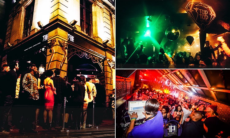 Three tiled images of Tup Tup Palace - including one of people lining up outside the bar and two of people in the club