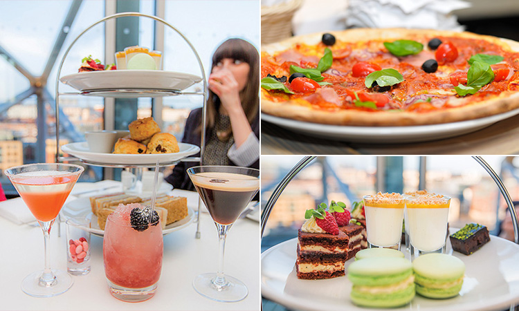 Three tiled images of an afternoon tea with cocktails and a girl in the background, a pizza and the top layer of the afternoon tea