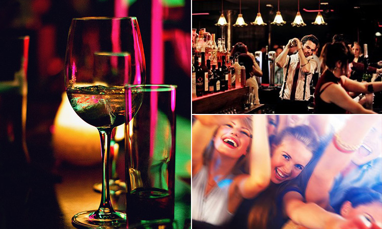 Three tiled images of some half drunk drinks in a nightclub, a barman mixing a cocktail and some girls partying