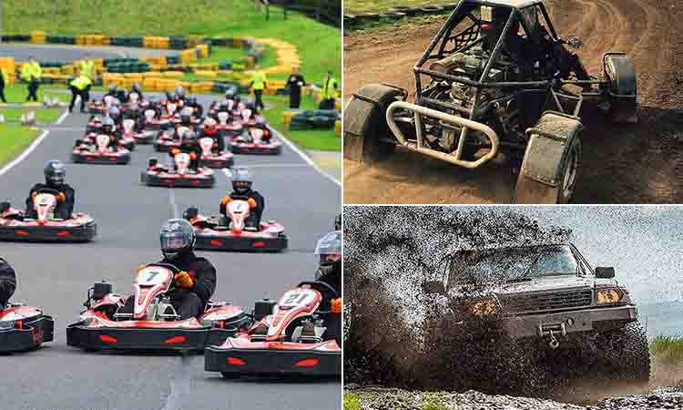 Three tiled images - including one of people racing in go karts on an outdoor track, one of someone driving a 4X4 through a muddy field and one of someone driving a rage buggy in mud