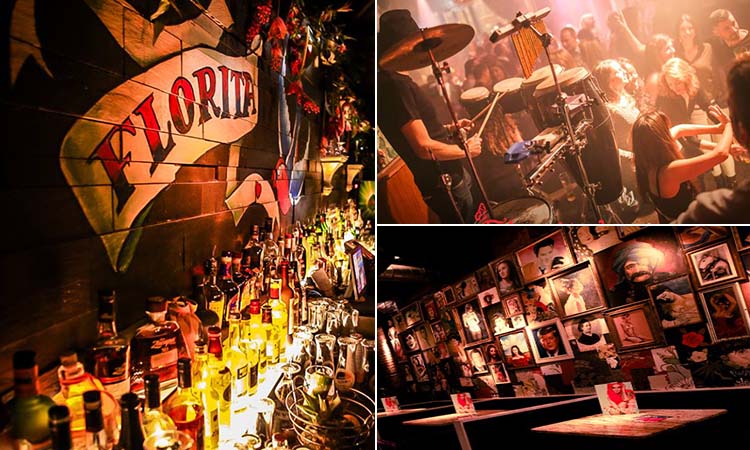 Three tiled images of Floritas, Newcastle - including one of the bar interior, spirit bottles on a bar top, and a man performing on stage to a busy crowd