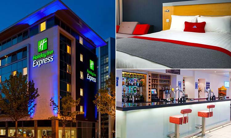 Three tiled images of the Holiday Inn Express, including one of the exterior, one of a double room and one of a bar