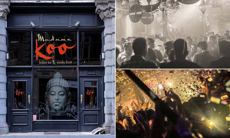 Three tiled images of Madame Koo - including one of the exterior and two of people in the club