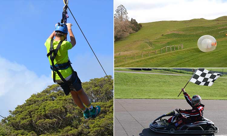 Three tiled images of a person go karting, zorbing and ziplining