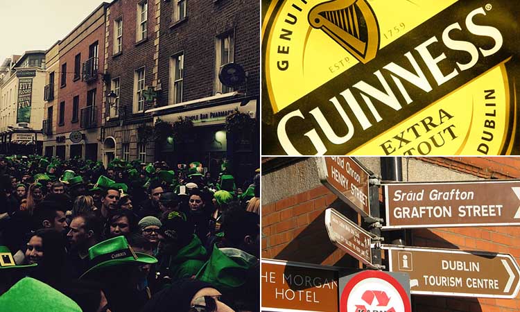 Three tiled images of people in the street on St Patrick's Day, a Guinness sign and a street sign in Dublin