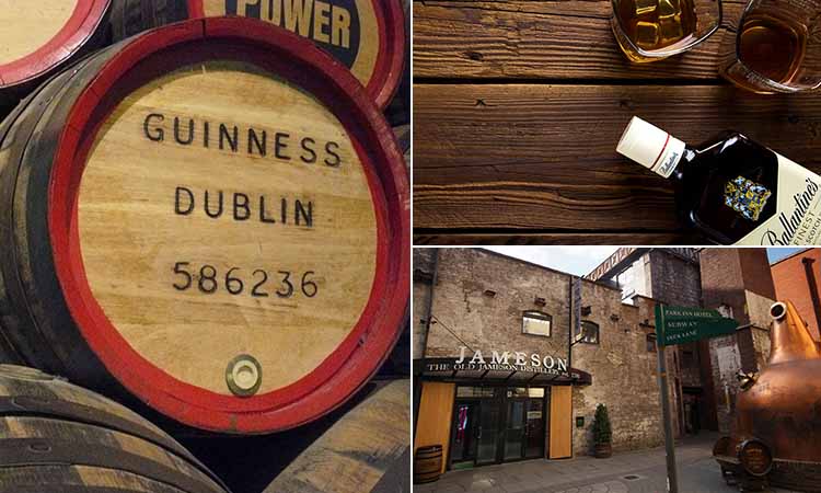 Three tiled images of Jameson distillery, a keg in the Guinness Storehouse and two glasses of whiskey on a bench