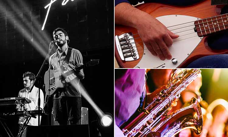 Three tiled images of people playing musical instruments and performing on stage