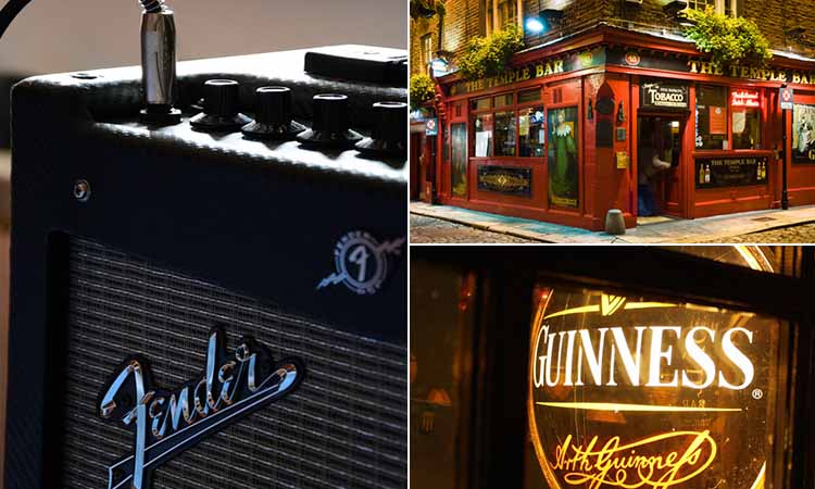 Three tiled images of an amplifier, The Temple Bar and a neon sign lit up with Guinness written on