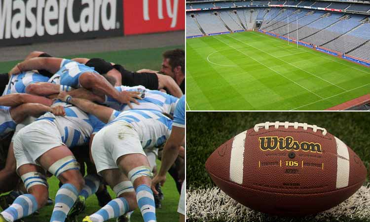 Three tiled images of a rugby pitch, a rugby ball and a scrum