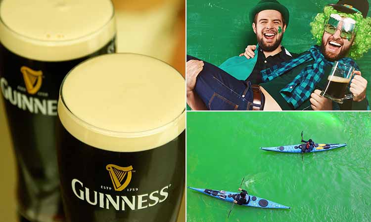 Three tiled images of two pints of Guinness, a green river on St Patrick's Day and two men celebrating with a pint and wearing hats and wigs
