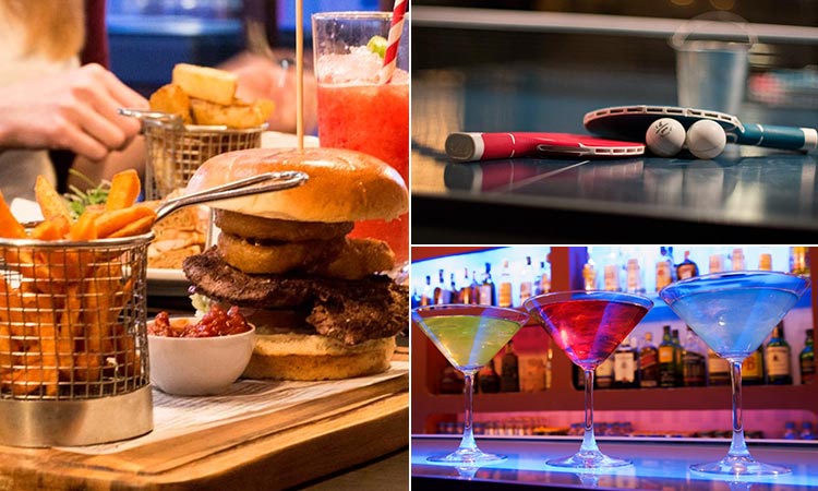 Three tiled images of inside the Busker on the Ball bar each representing something the bar has to offer.