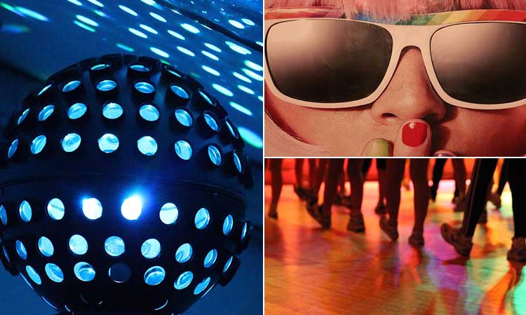 Three tiled images of a disco ball, a girl wearing retro sunglasses and an 80s dance class taking place