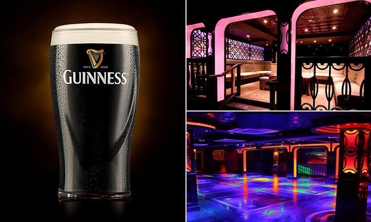 Three tiled images of the interiors of CopperFace Jack's nightclub and a pint of Guinness
