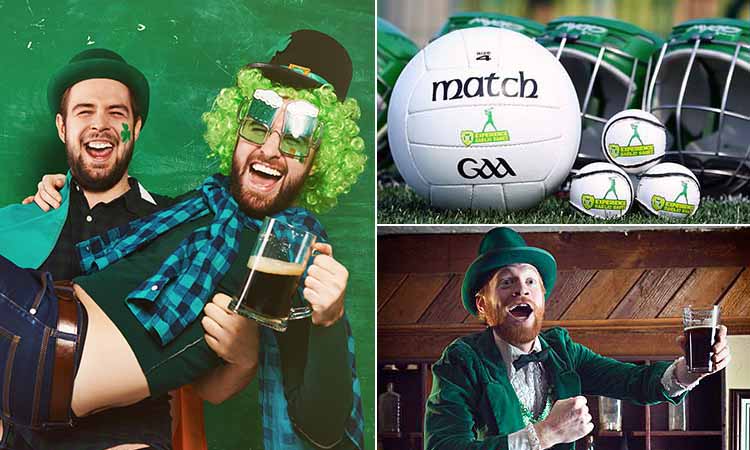 Three tiled images of people celebrating St Patrick's Day and a football used in Gaelic Games