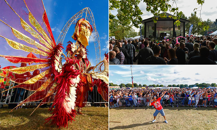 Three tiled images - including one of people at the Robin Hood Beer Festival, and two of Nottingham's Caribbean Carnival
