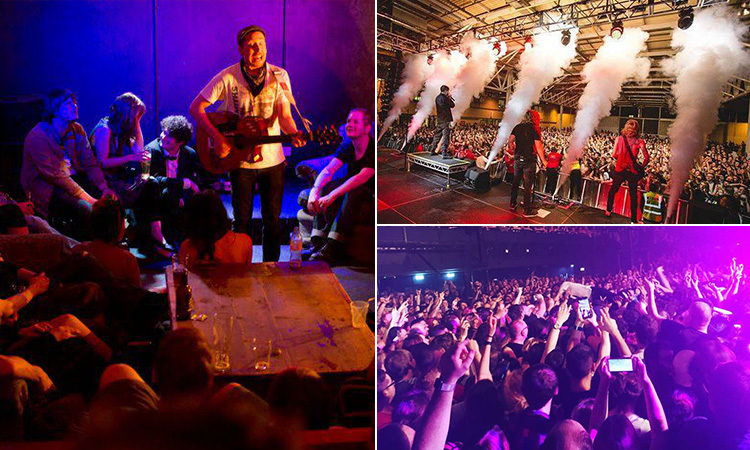 Three tiled images - including two of musicians performing to a crowd, and one of people on the dance floor of a club