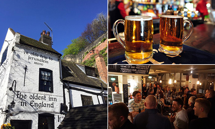 Three tiled images - one of the exterior of Ye Olde Trip to Jerusalem, one of people in a pub and another of two full beers in tankards on a bar top